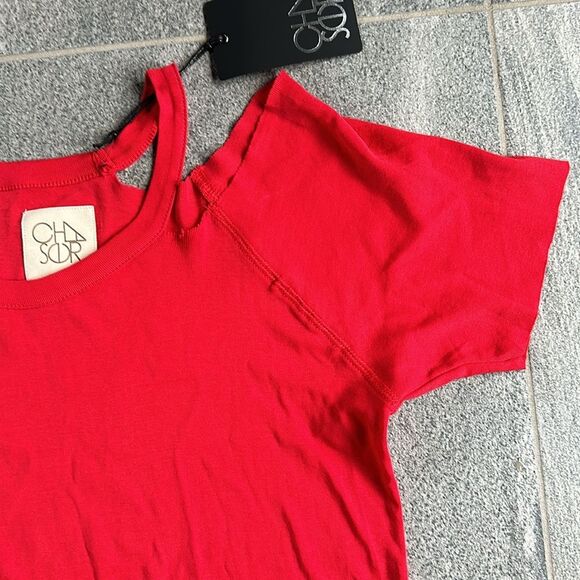 NWT Chaser Boxy Short Sleeve Raw Hem Raglan Cold Shoulder Tee Shirt in Red Small - Picture 4 of 12
